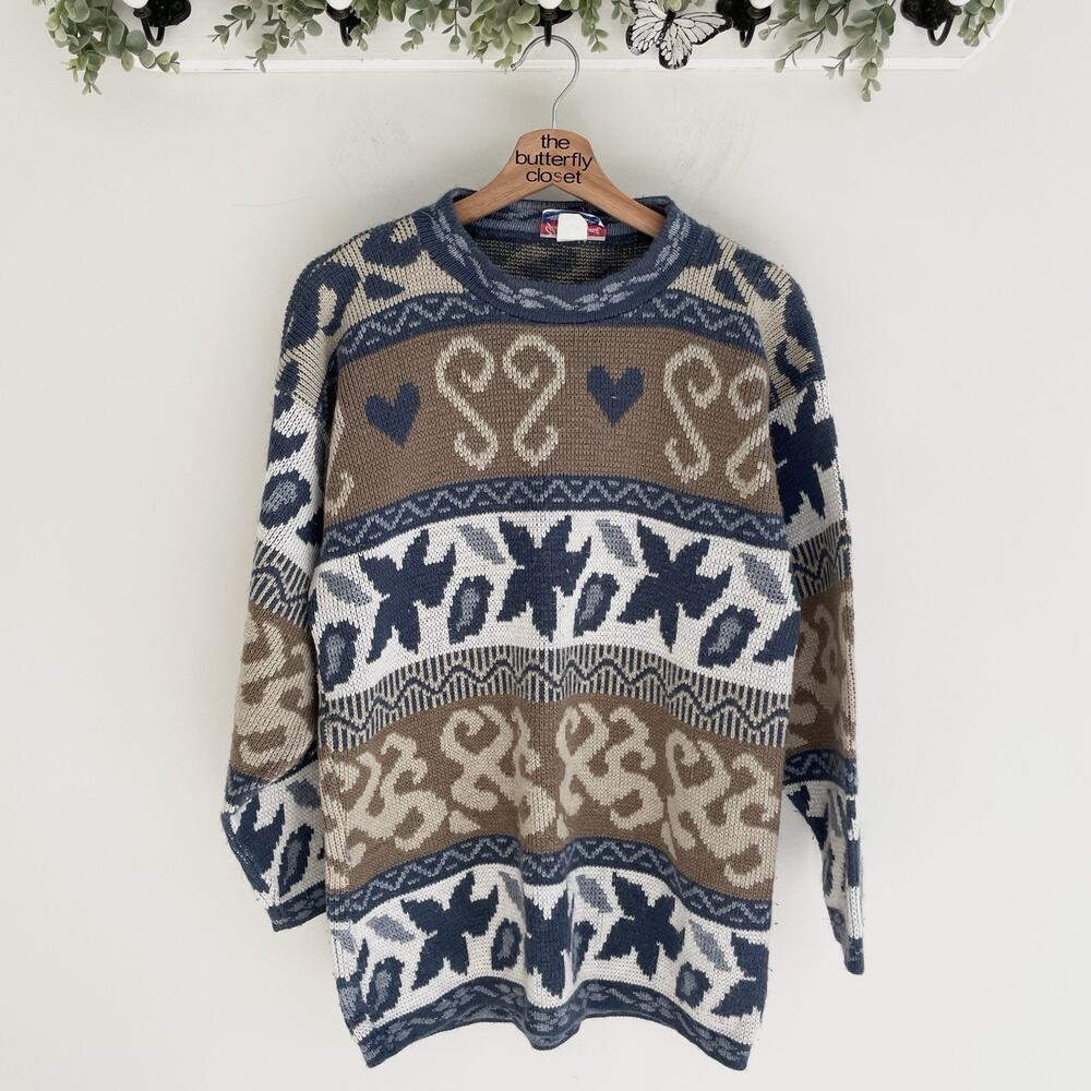 Glamour-knit Vintage Brown And Blue Isle-style Patterned High Neck Sweater Sz M